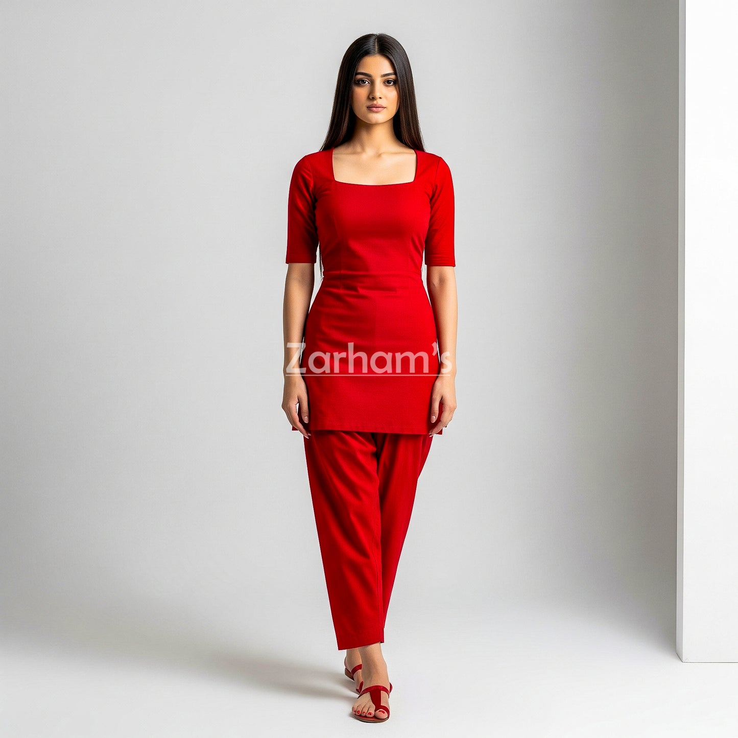 Handmade Red Cotton Kamiz Shalwar Suit