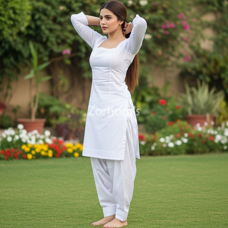 White Full Sleeve Cotton Kamiz Shalwar Suit