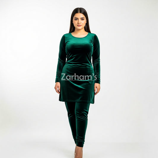 Handmade Velvet Dark Green Kameez Shalwar Suit