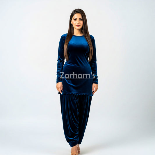Handmade Velvet Dark Blue Kameez Shalwar Suit