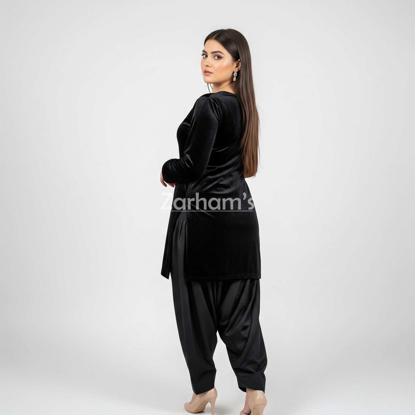 Handmade Velvet Black Kameez Shalwar Suit
