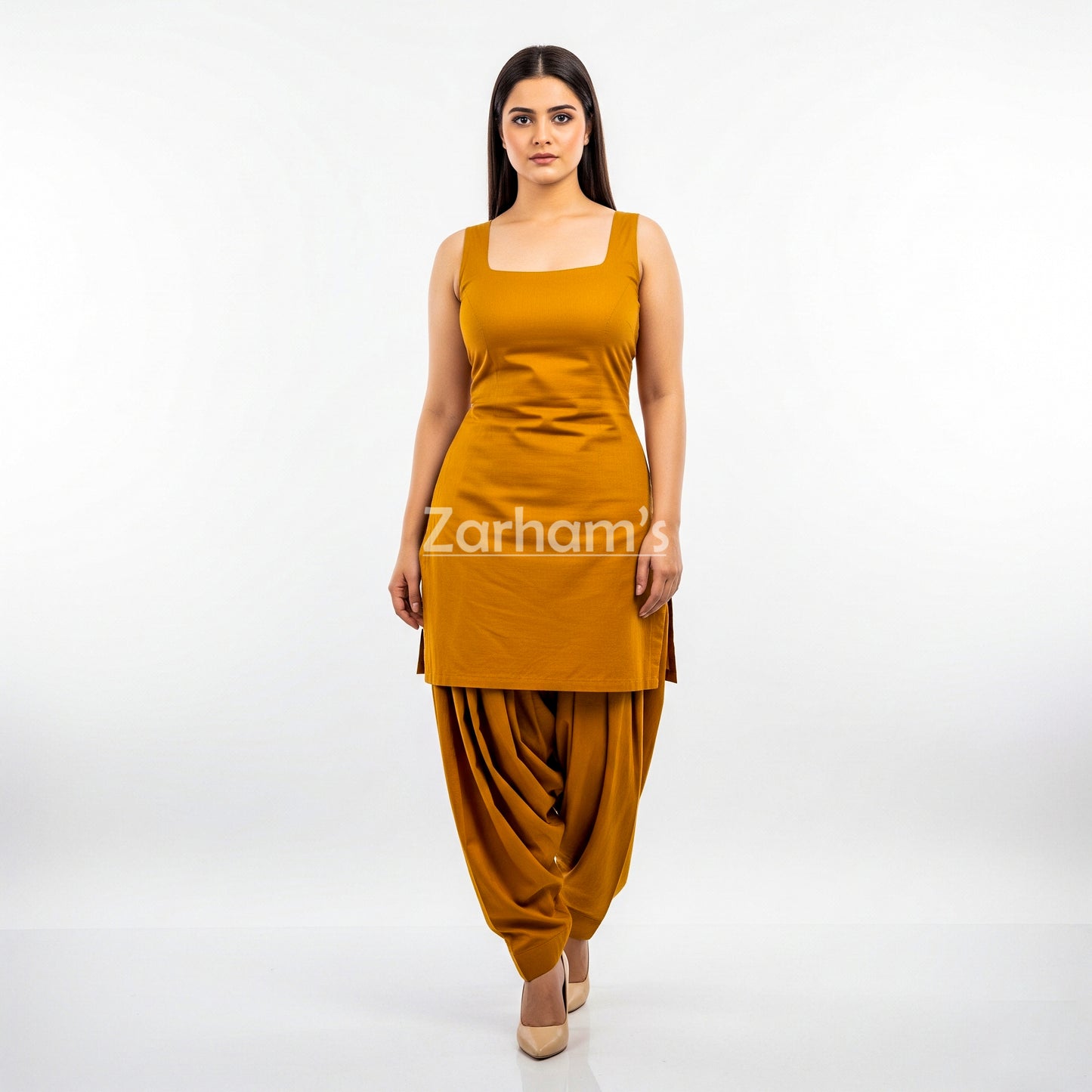 Zarhams Handmade Cotton Mustard Sleeveless Kameez Shalwar Suit