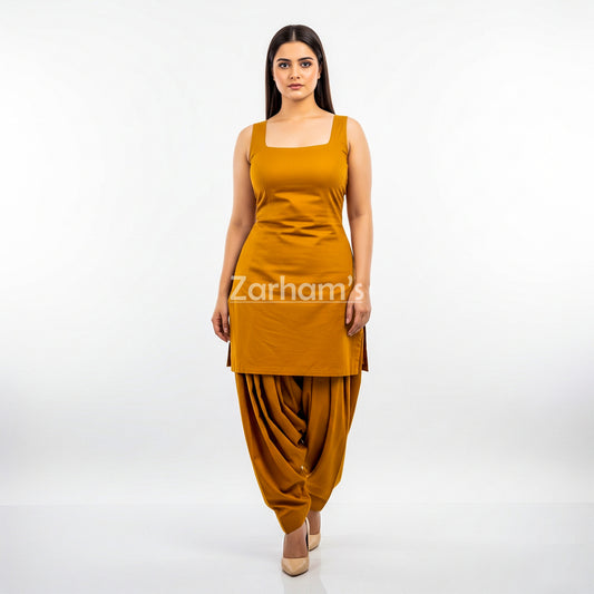 Zarhams Handmade Cotton Mustard Sleeveless Kameez Shalwar Suit