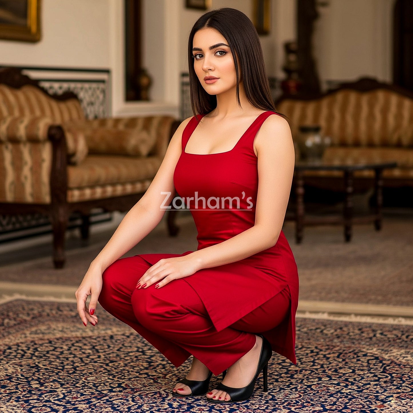 The Zarhams Artisan Sleeveless Lawn Suit in Red