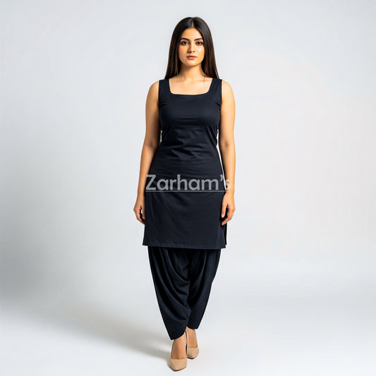 Zarhams Handmade Cotton Black Sleeveless Kameez Shalwar Suit