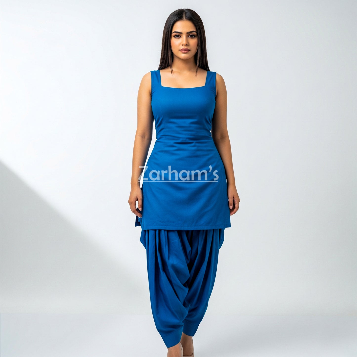 Zarhams Handmade Cotton Blue Sleeveless Kameez Shalwar Suit