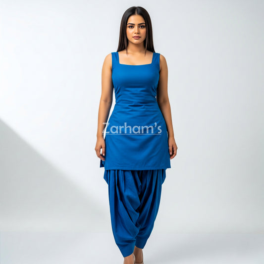 Zarhams Handmade Cotton Blue Sleeveless Kameez Shalwar Suit