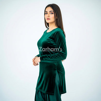 Handmade Velvet Dark Green Kameez Shalwar Suit