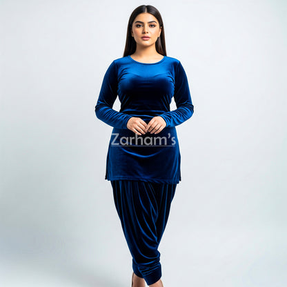 Handmade Velvet Dark Blue Kameez Shalwar Suit