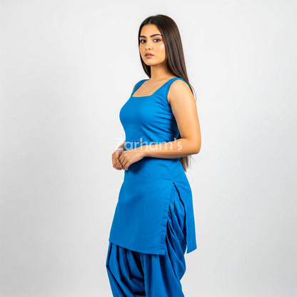 Zarhams Handmade Cotton Blue Sleeveless Kameez Shalwar Suit