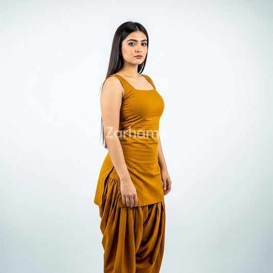 Zarhams Handmade Cotton Mustard Sleeveless Kameez Shalwar Suit
