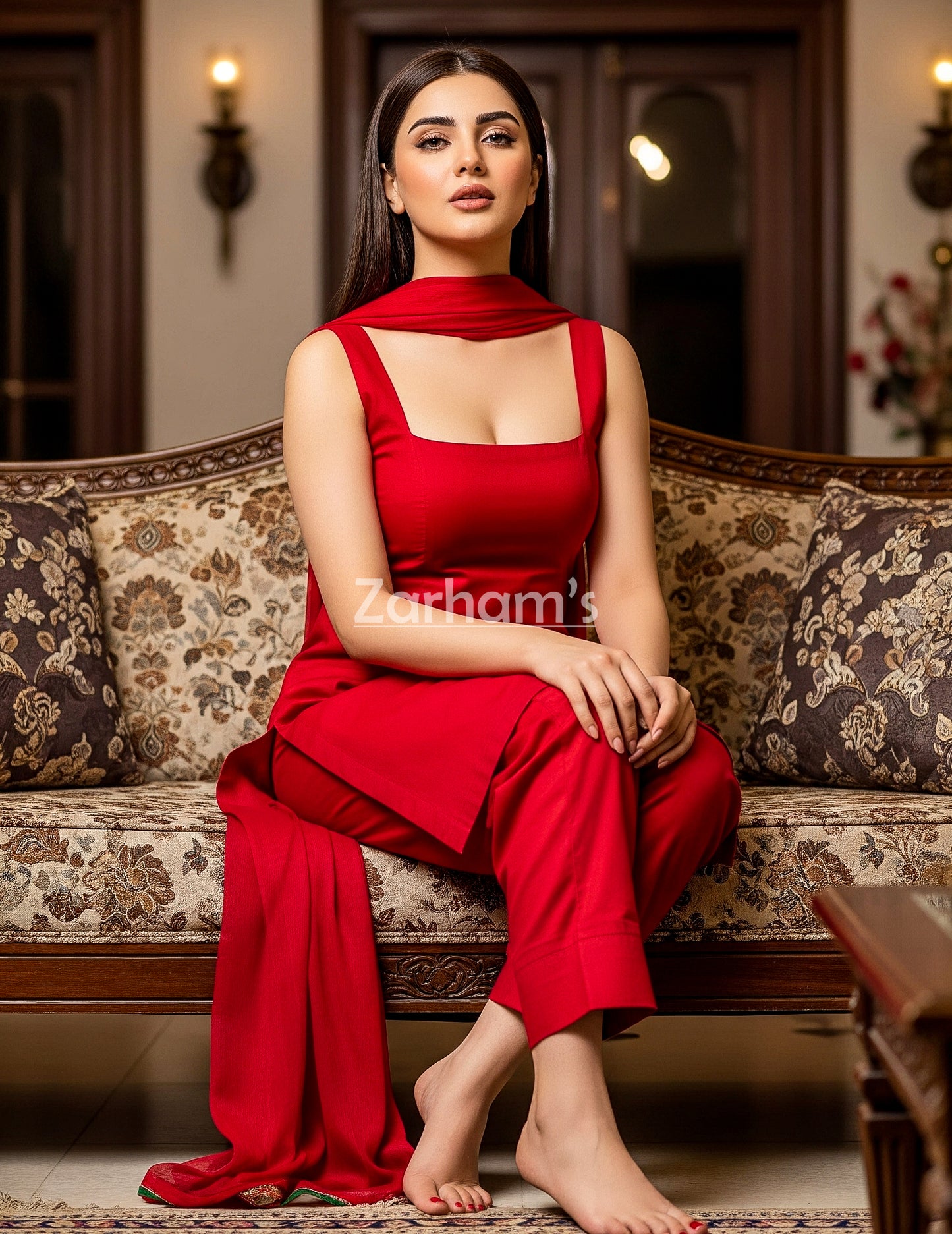 The Zarhams Artisan Sleeveless Lawn Suit in Red