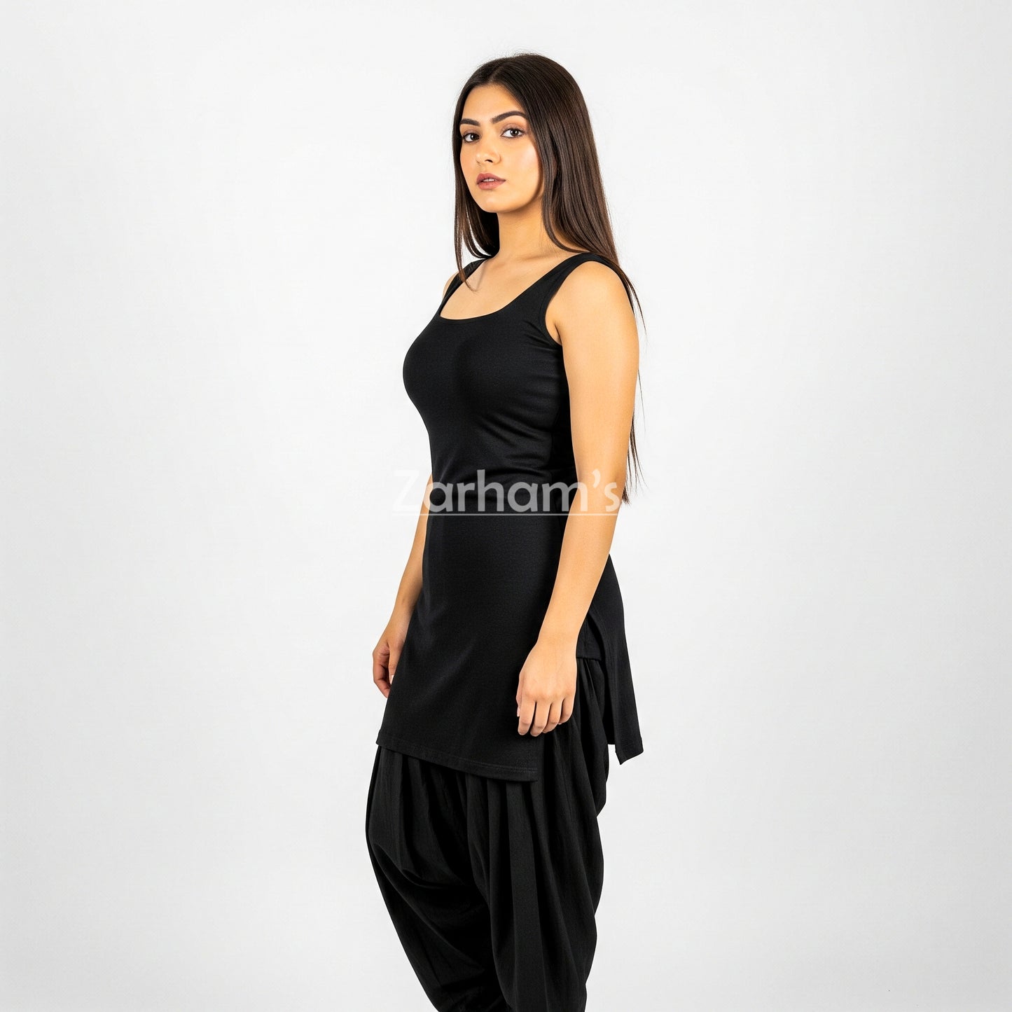 Zarhams Handmade Cotton Black Sleeveless Kameez Shalwar Suit