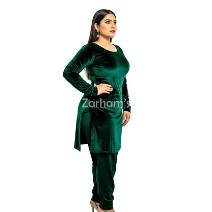 Handmade Velvet Dark Green Kameez Shalwar Suit