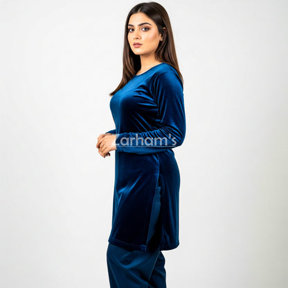Handmade Velvet Dark Blue Kameez Shalwar Suit
