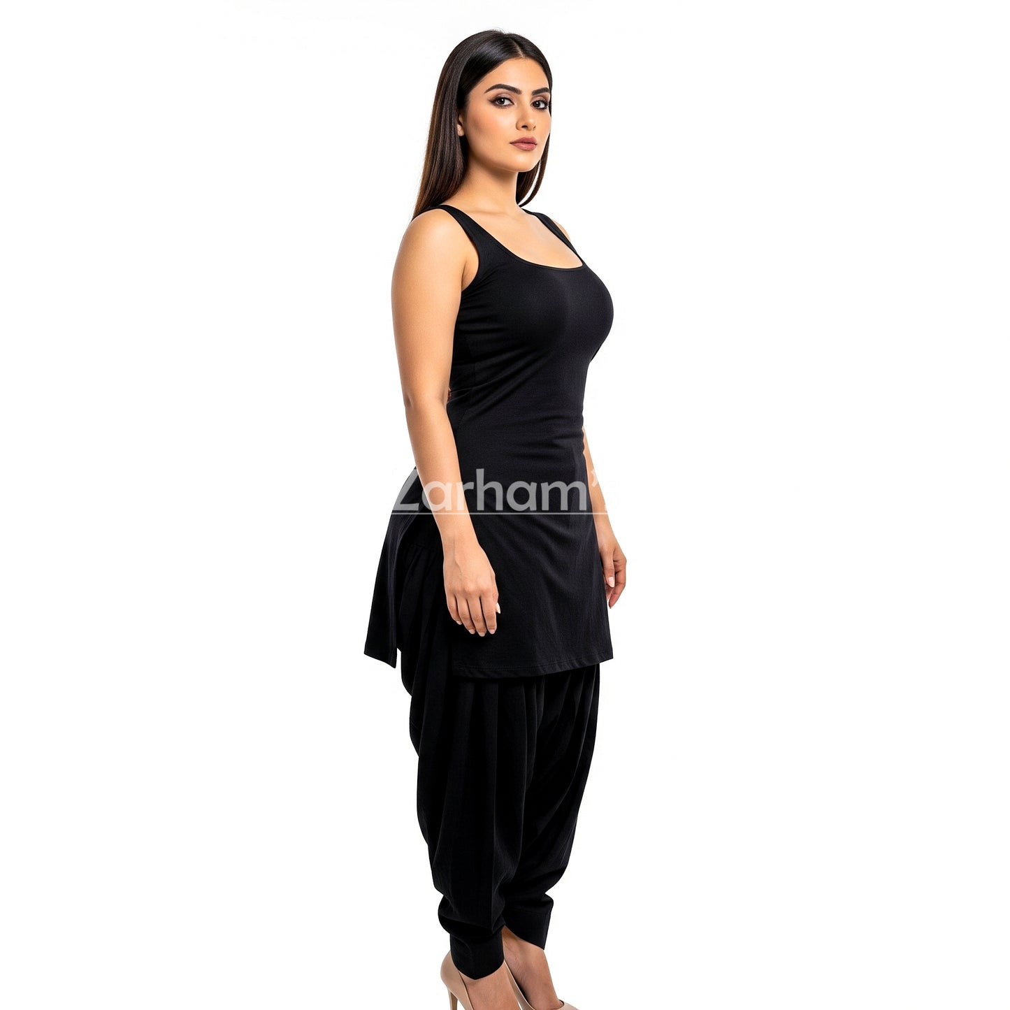 Zarhams Handmade Cotton Black Sleeveless Kameez Shalwar Suit