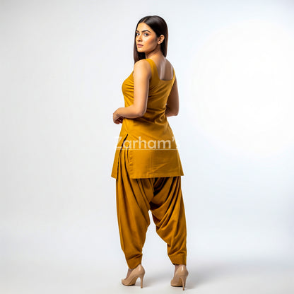 Zarhams Handmade Cotton Mustard Sleeveless Kameez Shalwar Suit
