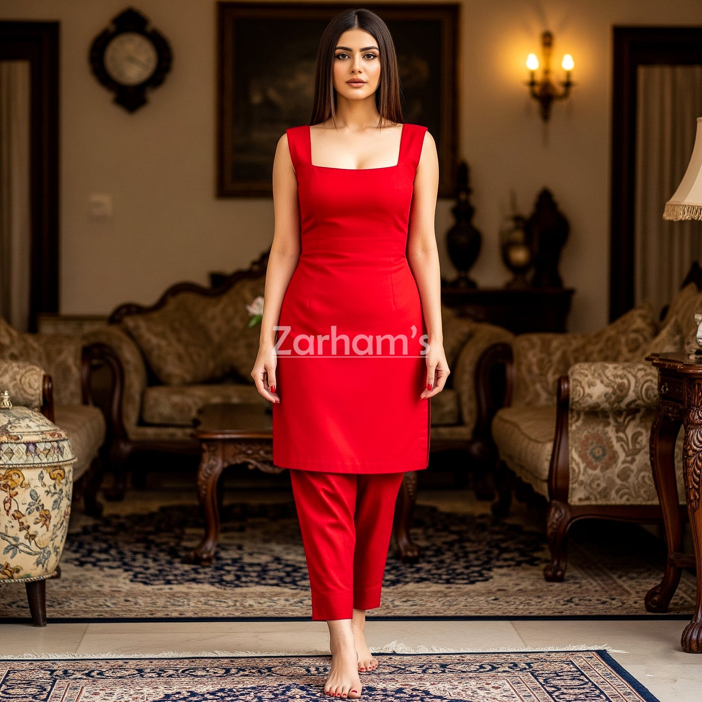 The Zarhams Artisan Sleeveless Lawn Suit in Red