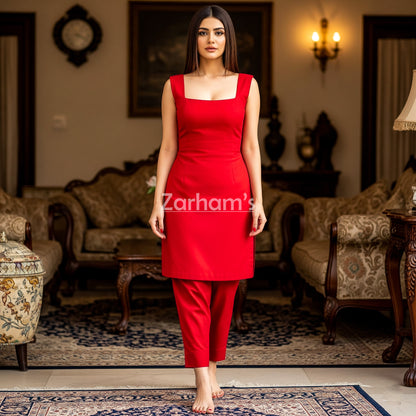 The Zarhams Artisan Sleeveless Lawn Suit in Red