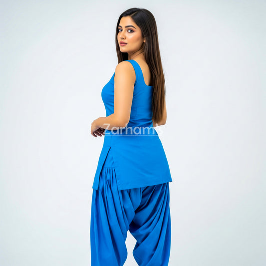 Zarhams Handmade Cotton Blue Sleeveless Kameez Shalwar Suit