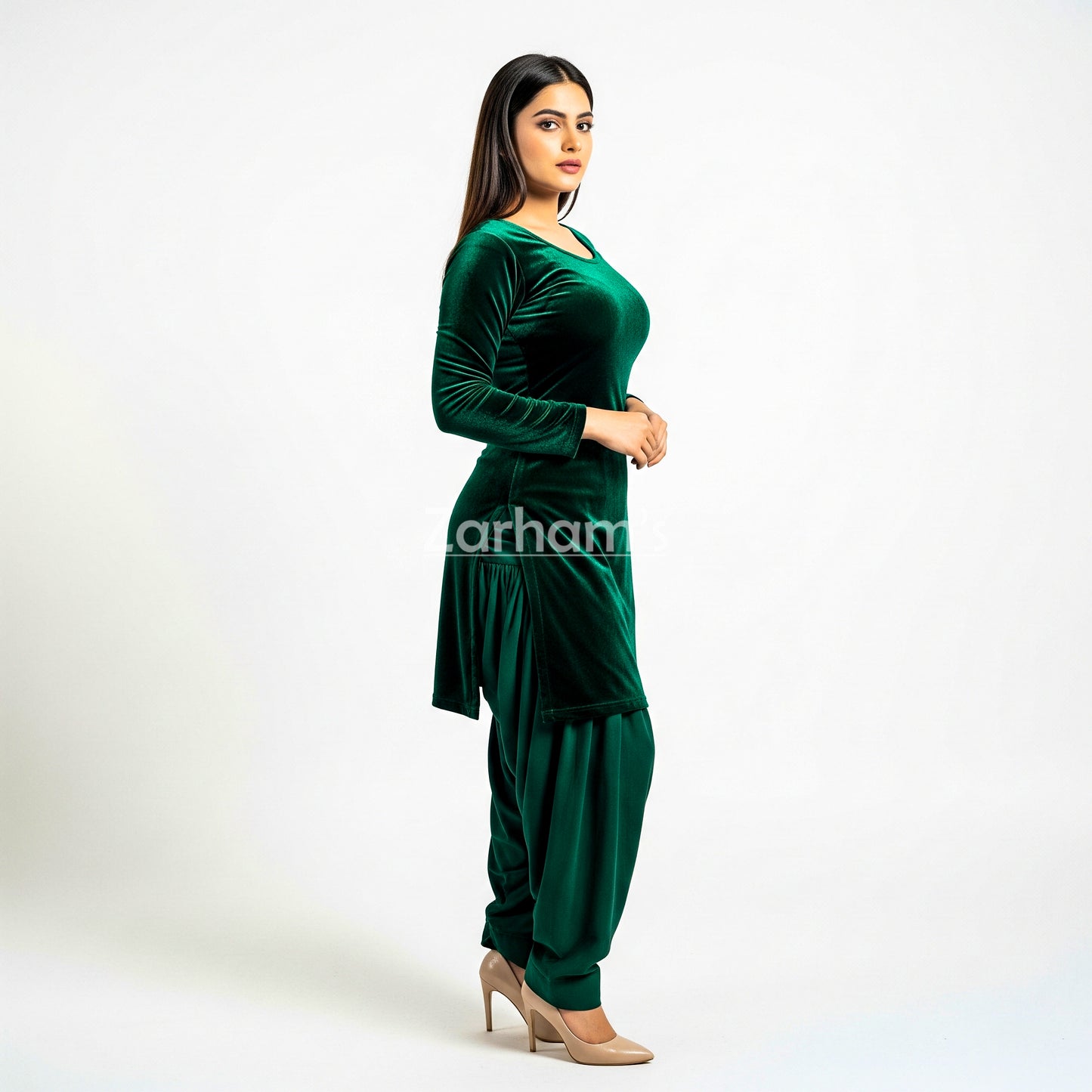 Handmade Velvet Dark Green Kameez Shalwar Suit