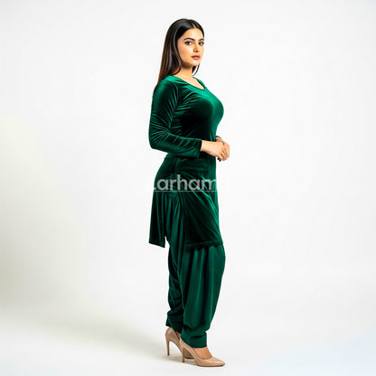 Handmade Velvet Dark Green Kameez Shalwar Suit