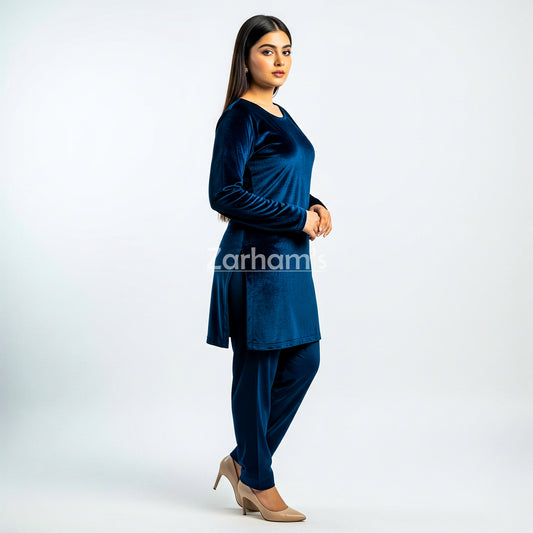 Handmade Velvet Dark Blue Kameez Shalwar Suit