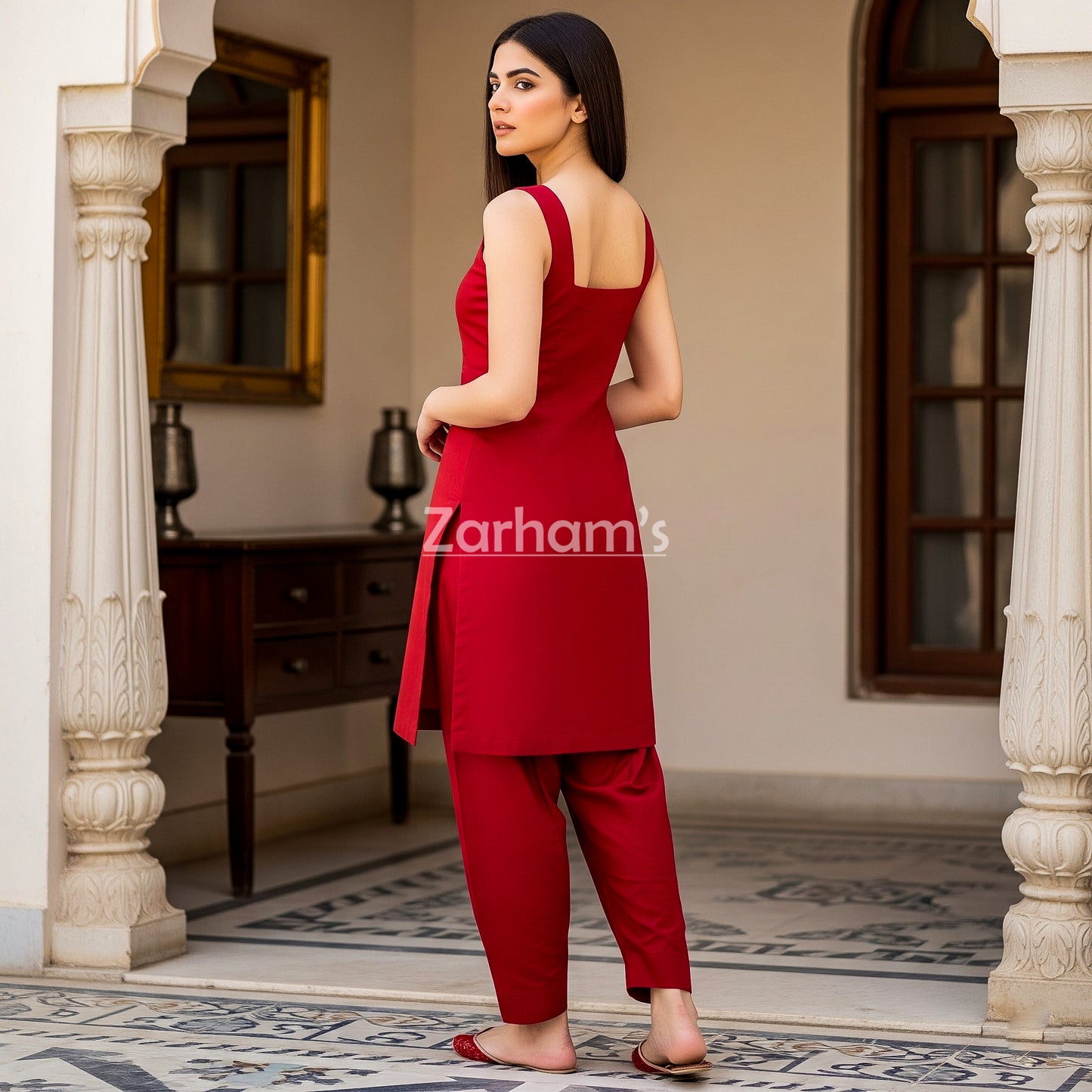 The Zarhams Artisan Sleeveless Lawn Suit in Red
