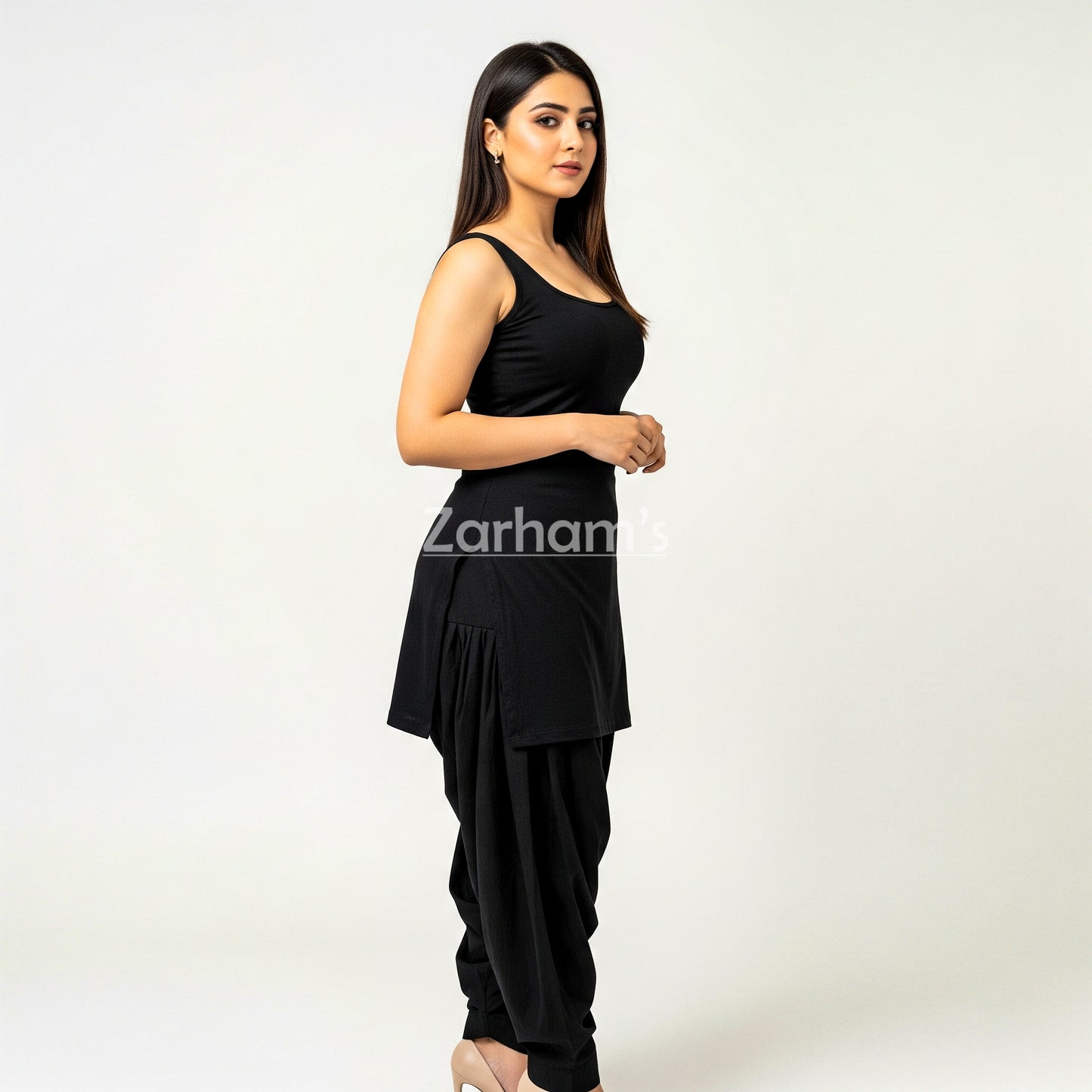 Zarhams Handmade Cotton Black Sleeveless Kameez Shalwar Suit