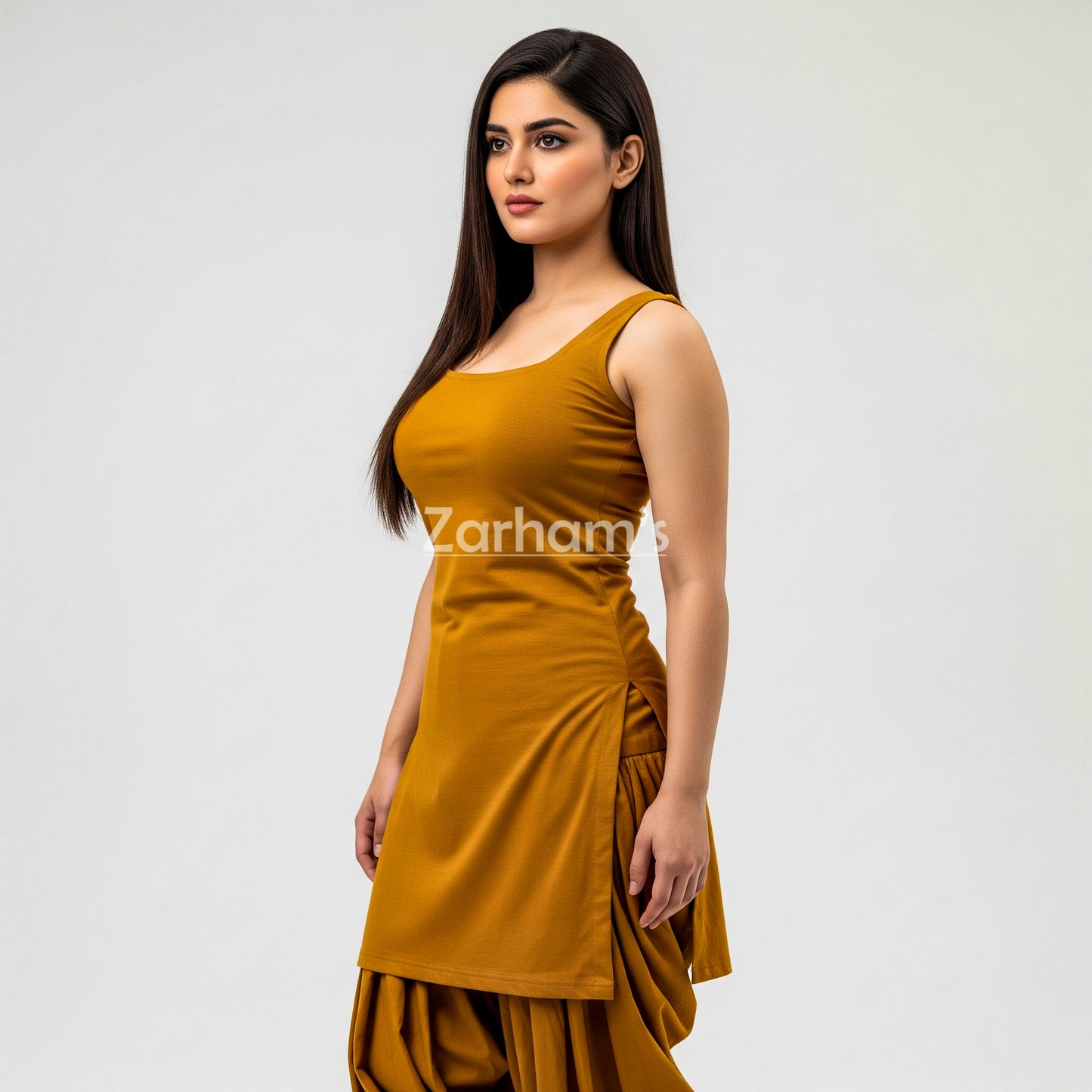 Zarhams Handmade Cotton Mustard Sleeveless Kameez Shalwar Suit