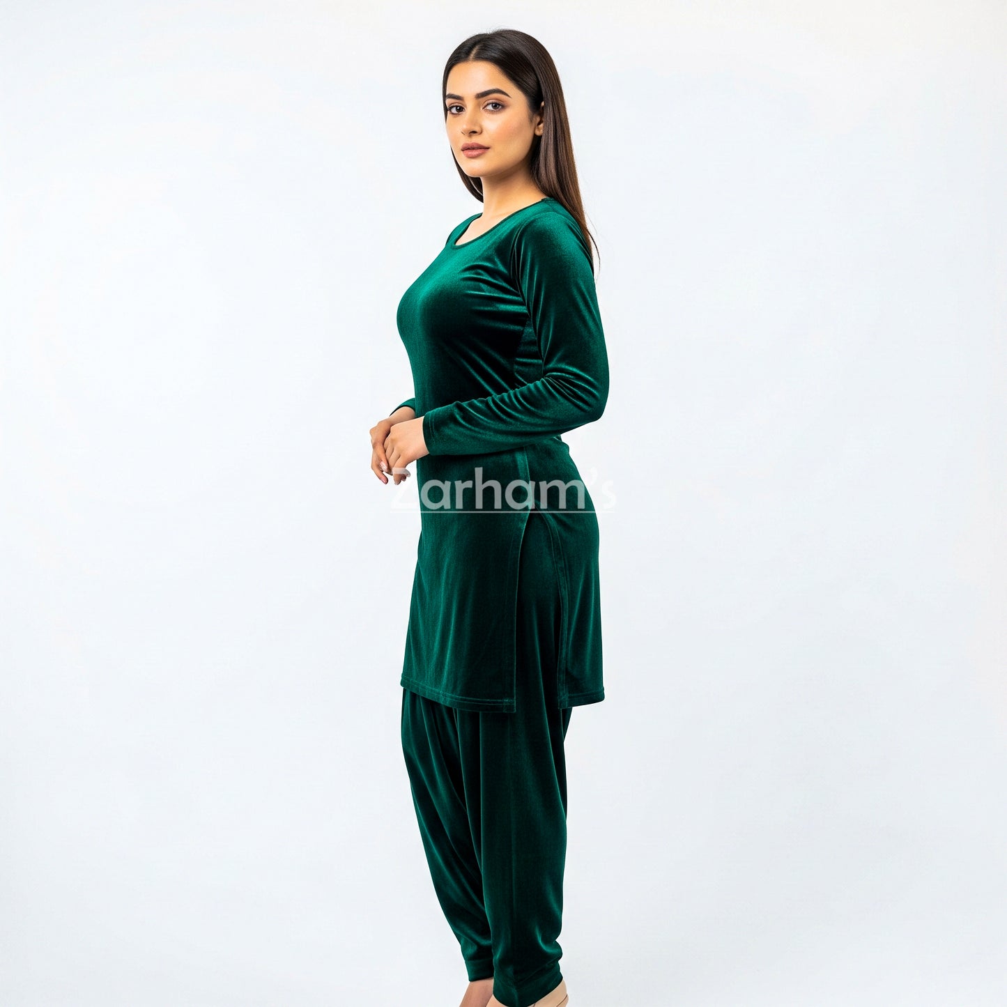 Handmade Velvet Dark Green Kameez Shalwar Suit