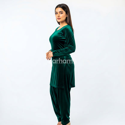 Handmade Velvet Dark Green Kameez Shalwar Suit