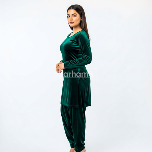 Handmade Velvet Dark Green Kameez Shalwar Suit