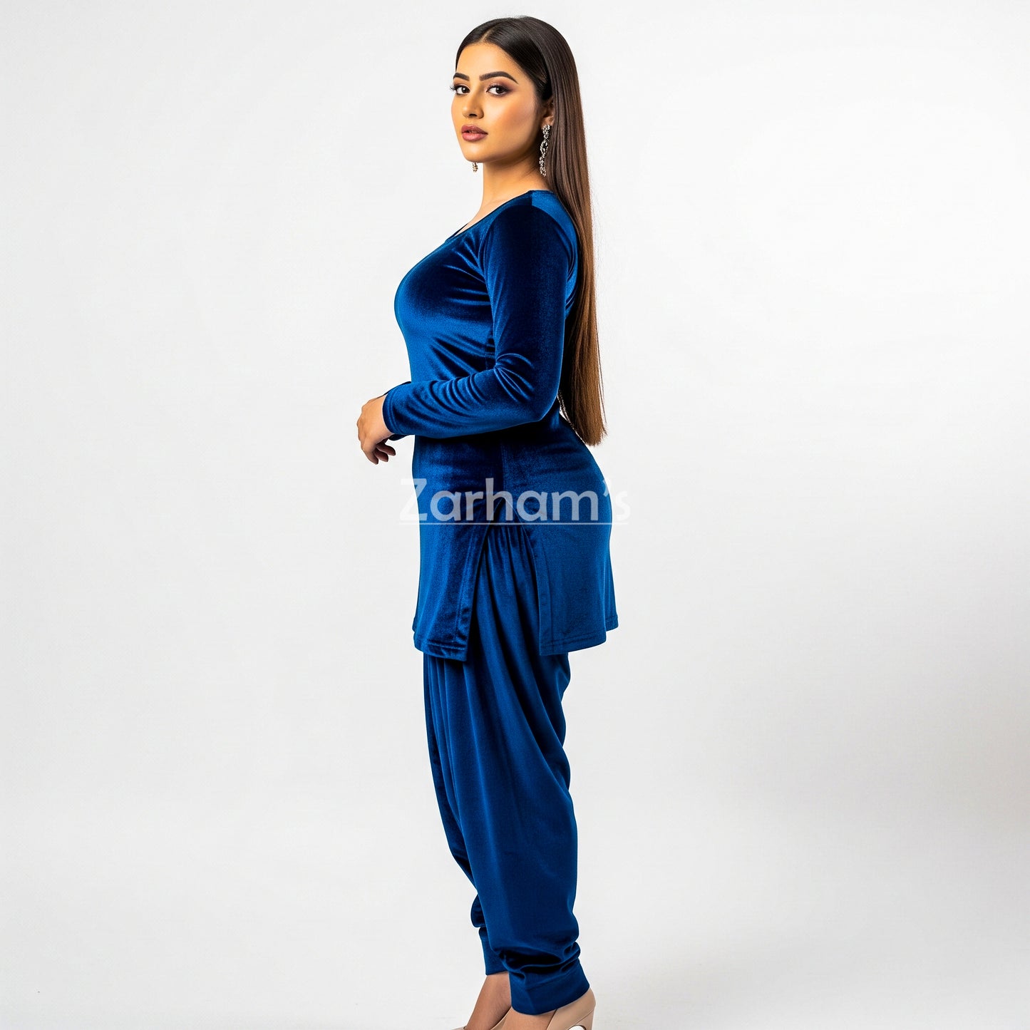 Handmade Velvet Dark Blue Kameez Shalwar Suit