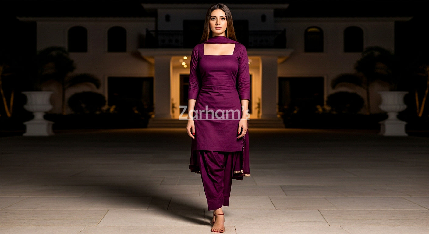 Handmade Cotton Plum Kamiz Shalwar Suit