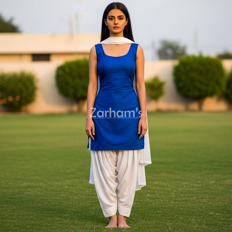 The Zarhams Artisan Sleeveless Lawn Suit in Dark Blue