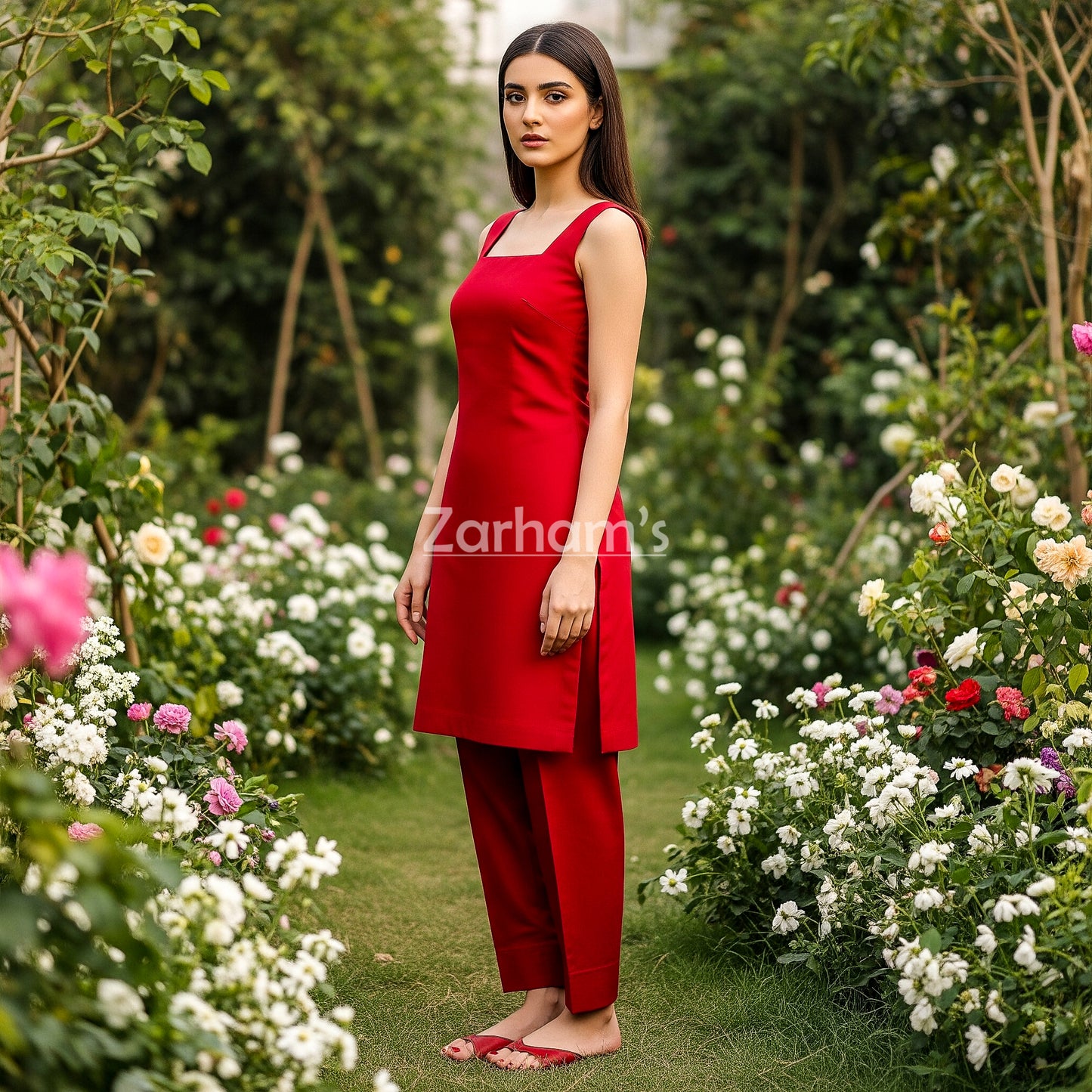 The Zarhams Artisan Sleeveless Lawn Suit in Red