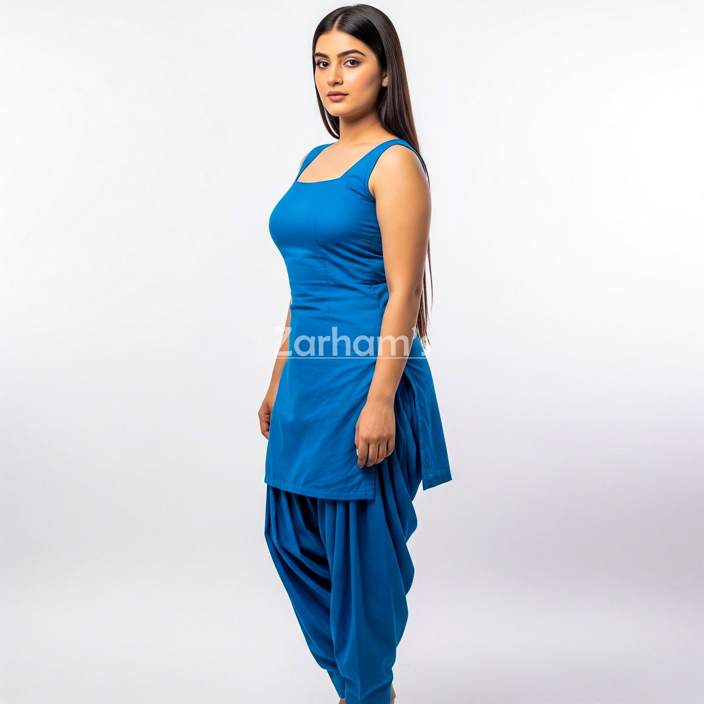 Zarhams Handmade Cotton Blue Sleeveless Kameez Shalwar Suit