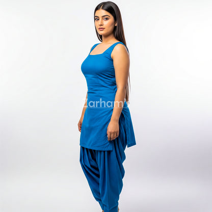 Zarhams Handmade Cotton Blue Sleeveless Kameez Shalwar Suit