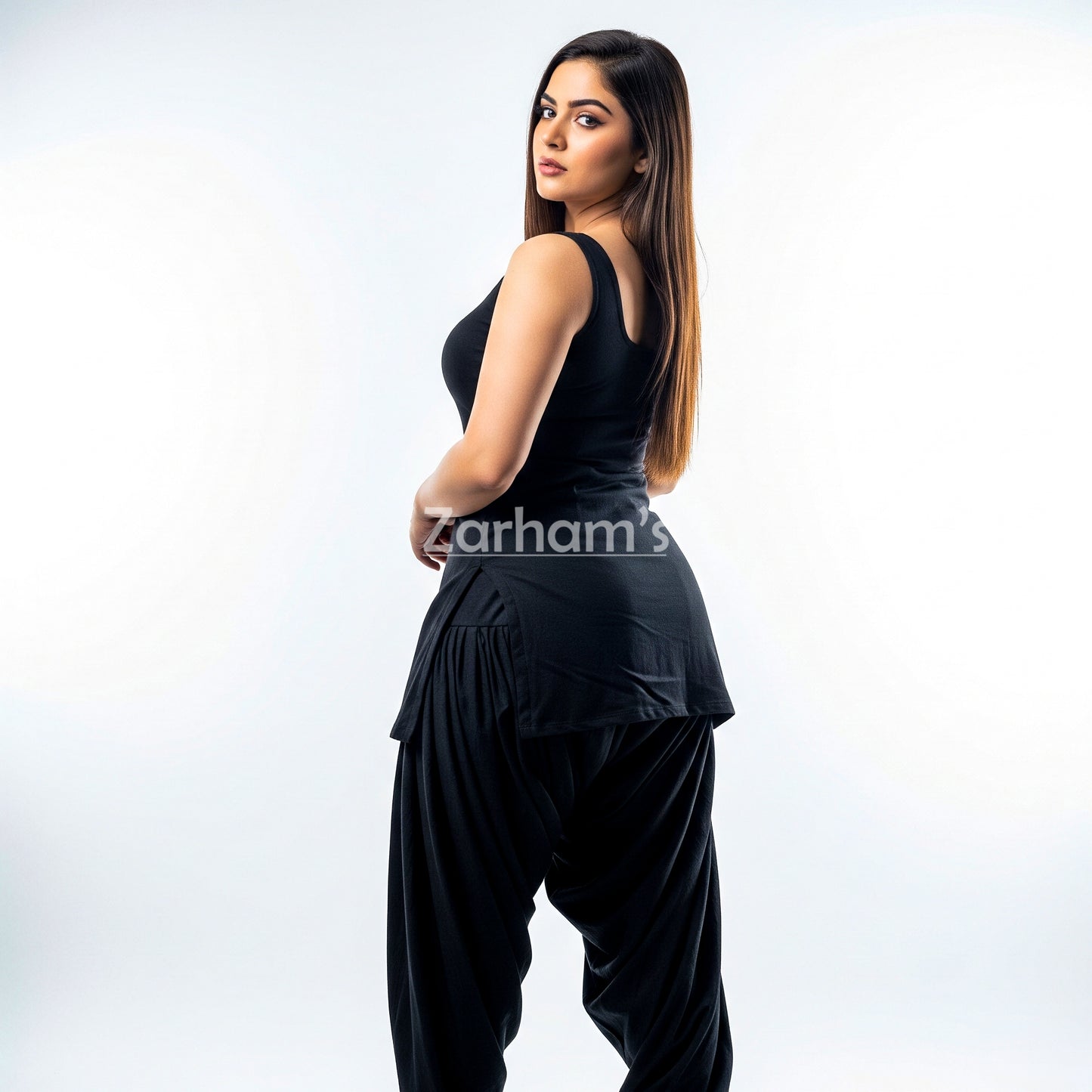Zarhams Handmade Cotton Black Sleeveless Kameez Shalwar Suit