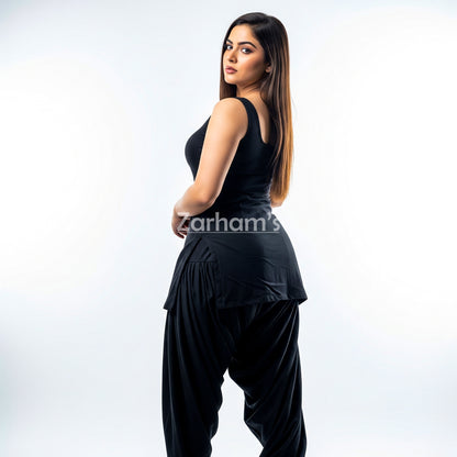 Zarhams Handmade Cotton Black Sleeveless Kameez Shalwar Suit