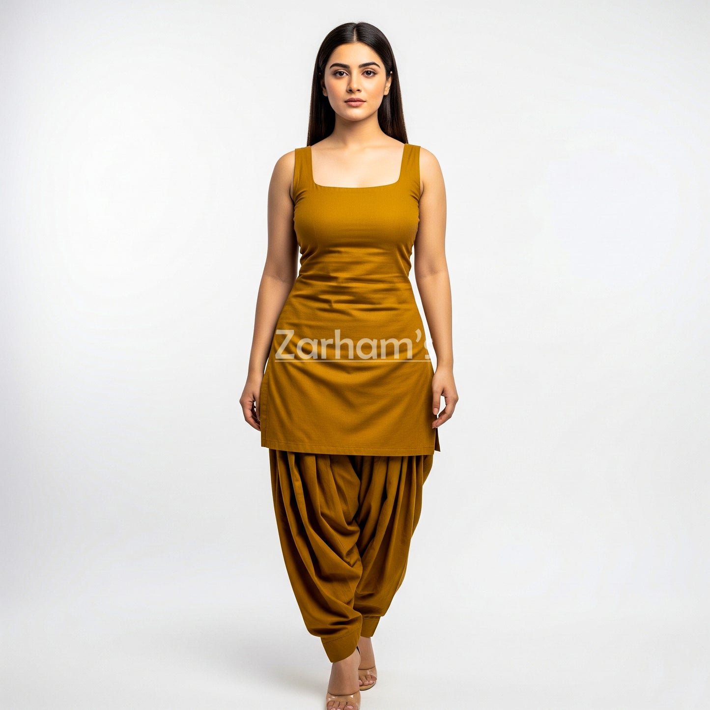Zarhams Handmade Cotton Mustard Sleeveless Kameez Shalwar Suit