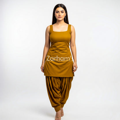 Zarhams Handmade Cotton Mustard Sleeveless Kameez Shalwar Suit
