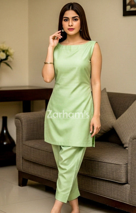 The Zarhams Artisan Sleeveless Lawn Suit in Light Green