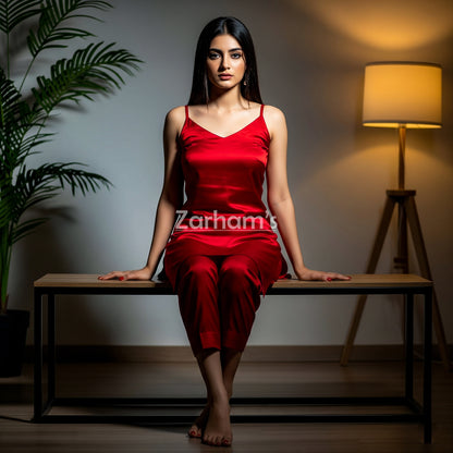 Handmade Red Silk Kamiz Shalwar Suit