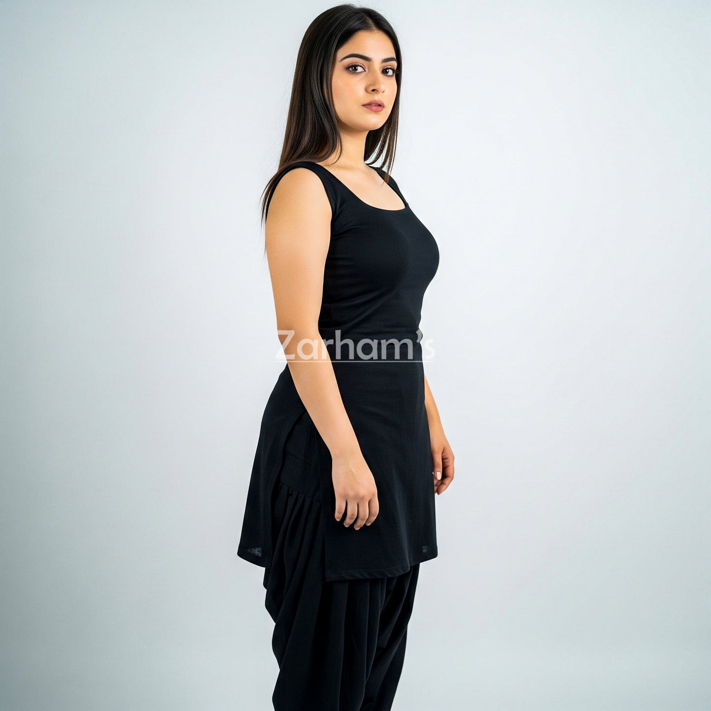 Zarhams Handmade Cotton Black Sleeveless Kameez Shalwar Suit