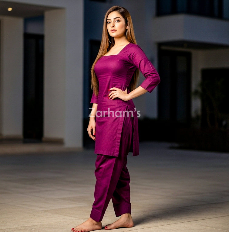 Handmade Cotton Plum Kamiz Shalwar Suit