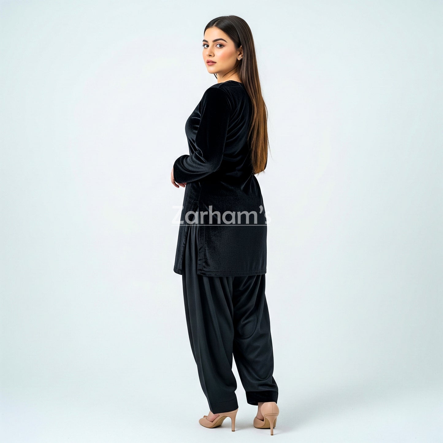 Handmade Velvet Black Kameez Shalwar Suit