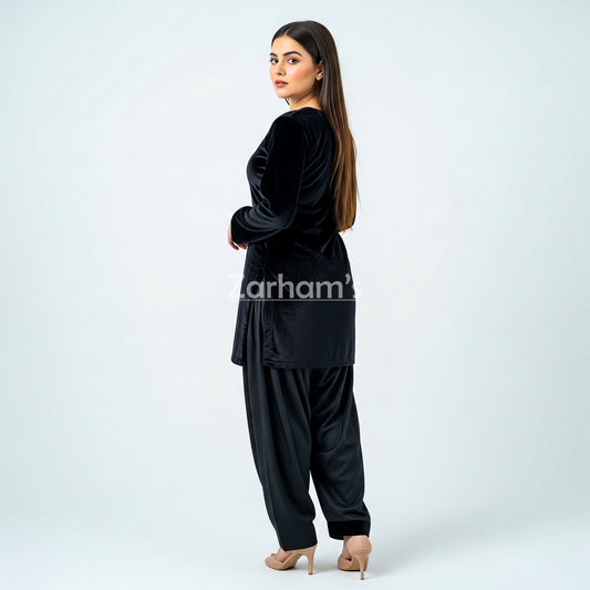 Handmade Velvet Black Kameez Shalwar Suit