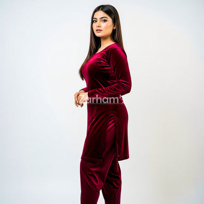 Handmade Velvet Maroon Sleeveless Kameez Shalwar Suit
